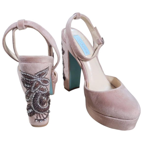 Betsey Johnson Shoes - Betsey Johnson Blush Pink Velvet Platform Heels with Embellished Block Heel